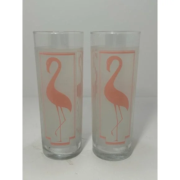 Set of 2 Vtg Glasses Pink flamingo frostedmdrinking glass bird glass Highball‎ - Picture 2 of 9
